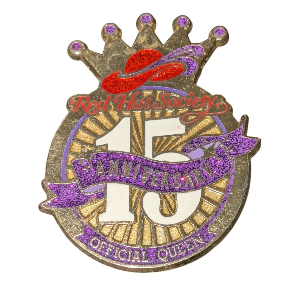 Red Hat Society 15th Anniversary Official Queen Pin Gold Purple Glitter Crown‎